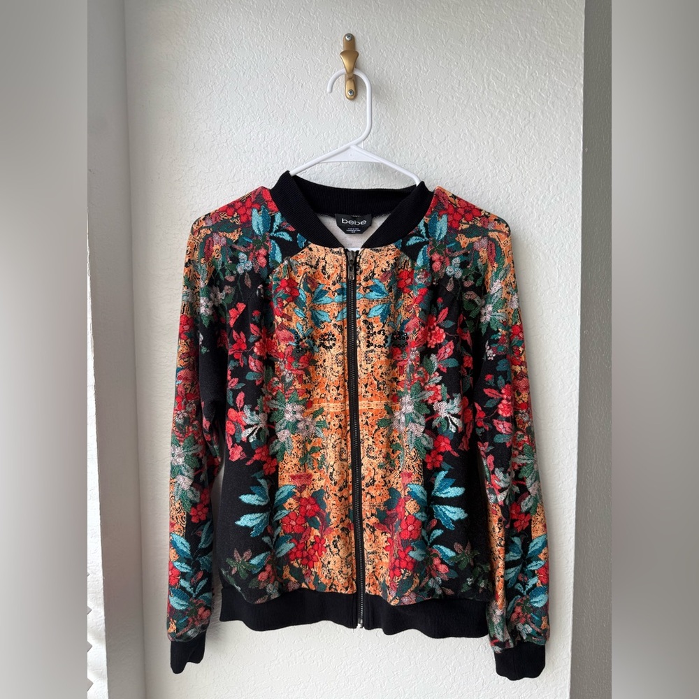 VINTAGE Y2K BEBE CRYSTAL EMBELLISHED LOGO ZIP-UP SWEATSHIRT SIZE MEDIUM EUC